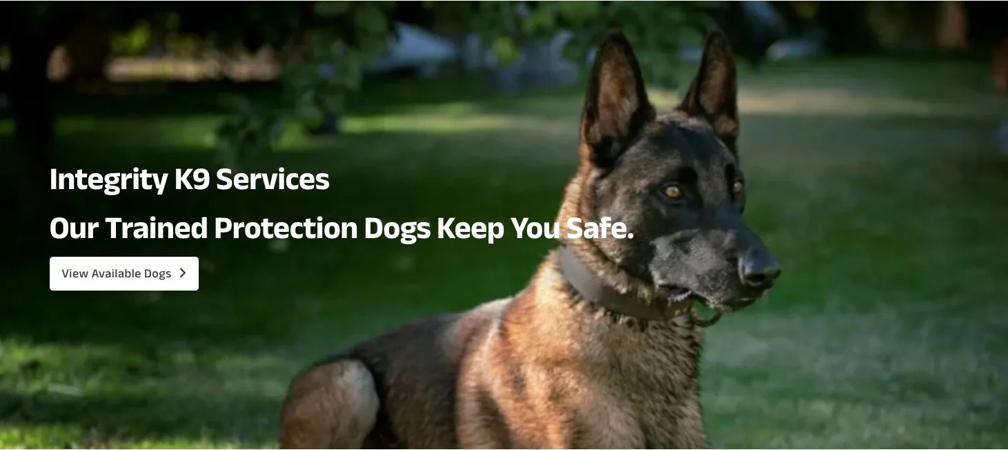 Protection Dogs for Integrity K9 Services: Authoritative and trustworthy web presence for elite K9 training, matching high-ticket sales with premium design.